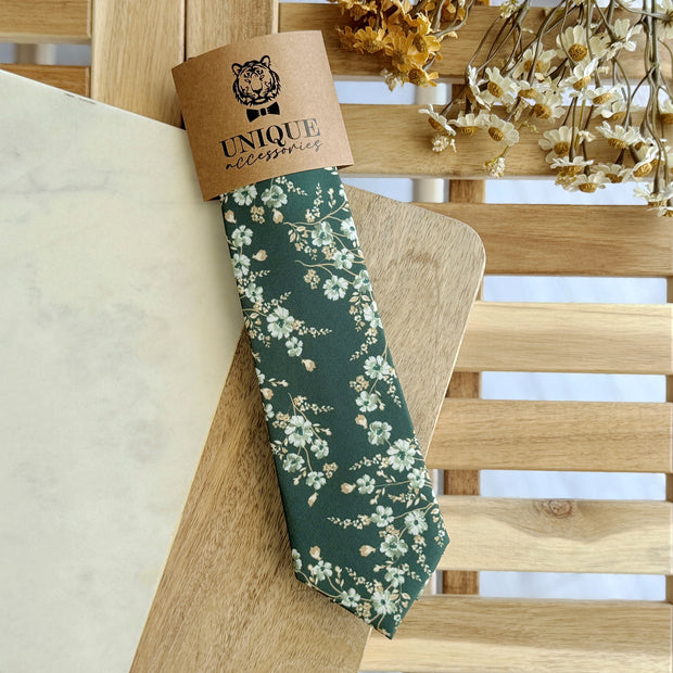 Dark Green Floral Tie Set – Wedding Necktie & Pocket Square for Men
