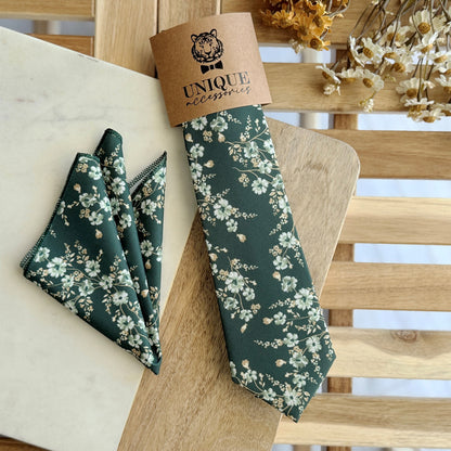 Dark Green Floral Tie Set – Wedding Necktie & Pocket Square for Men
