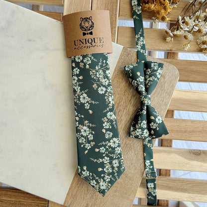 Dark Green Floral Tie Set – Wedding Necktie & Pocket Square for Men