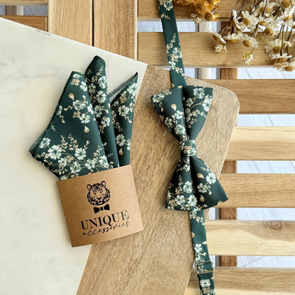 Dark Green Floral Tie Set – Wedding Necktie & Pocket Square for Men