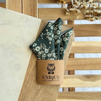Dark Green Floral Tie Set – Wedding Necktie & Pocket Square for Men
