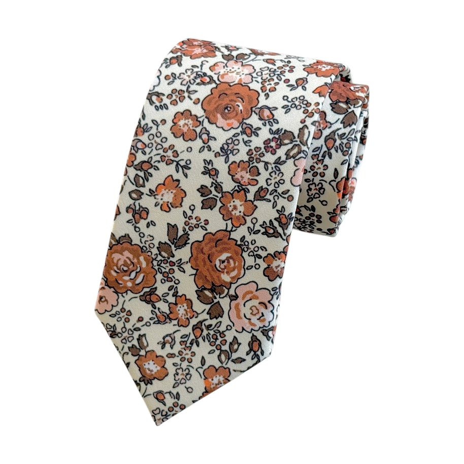 Rust Floral Tie & Pocket Square – Terracotta Wedding Necktie Set for Men