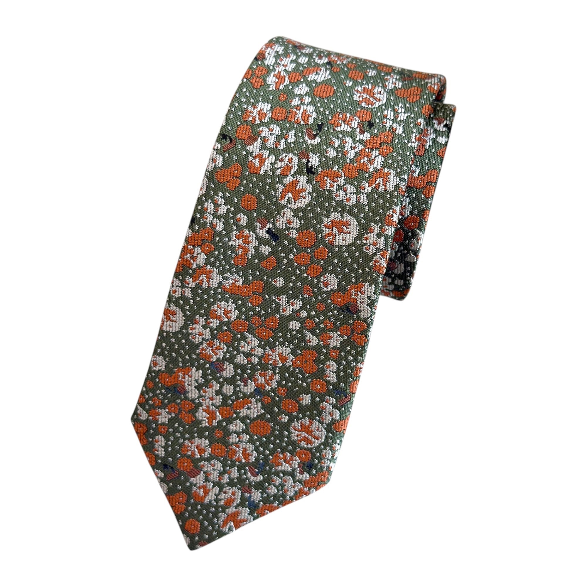 Burnt Orange Floral Tie on Olive Green | Handmade Wedding Tie