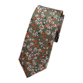Burnt Orange Floral Tie on Olive Green | Handmade Wedding Tie