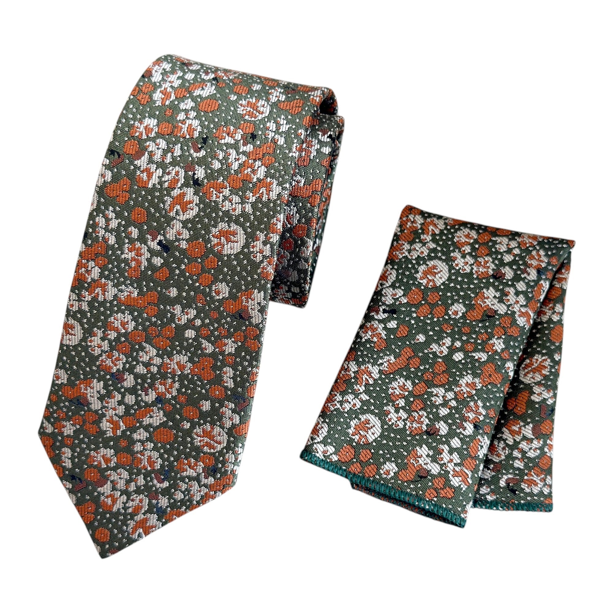 Burnt Orange Floral Tie on Olive Green | Handmade Wedding Tie