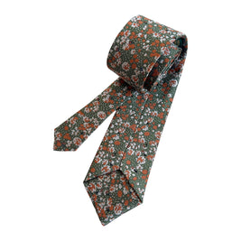 Burnt Orange Floral Tie on Olive Green | Handmade Wedding Tie