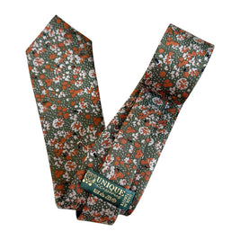 Burnt Orange Floral Tie on Olive Green | Handmade Wedding Tie