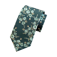 Dark Green Floral Tie Set – Wedding Necktie & Pocket Square for Men
