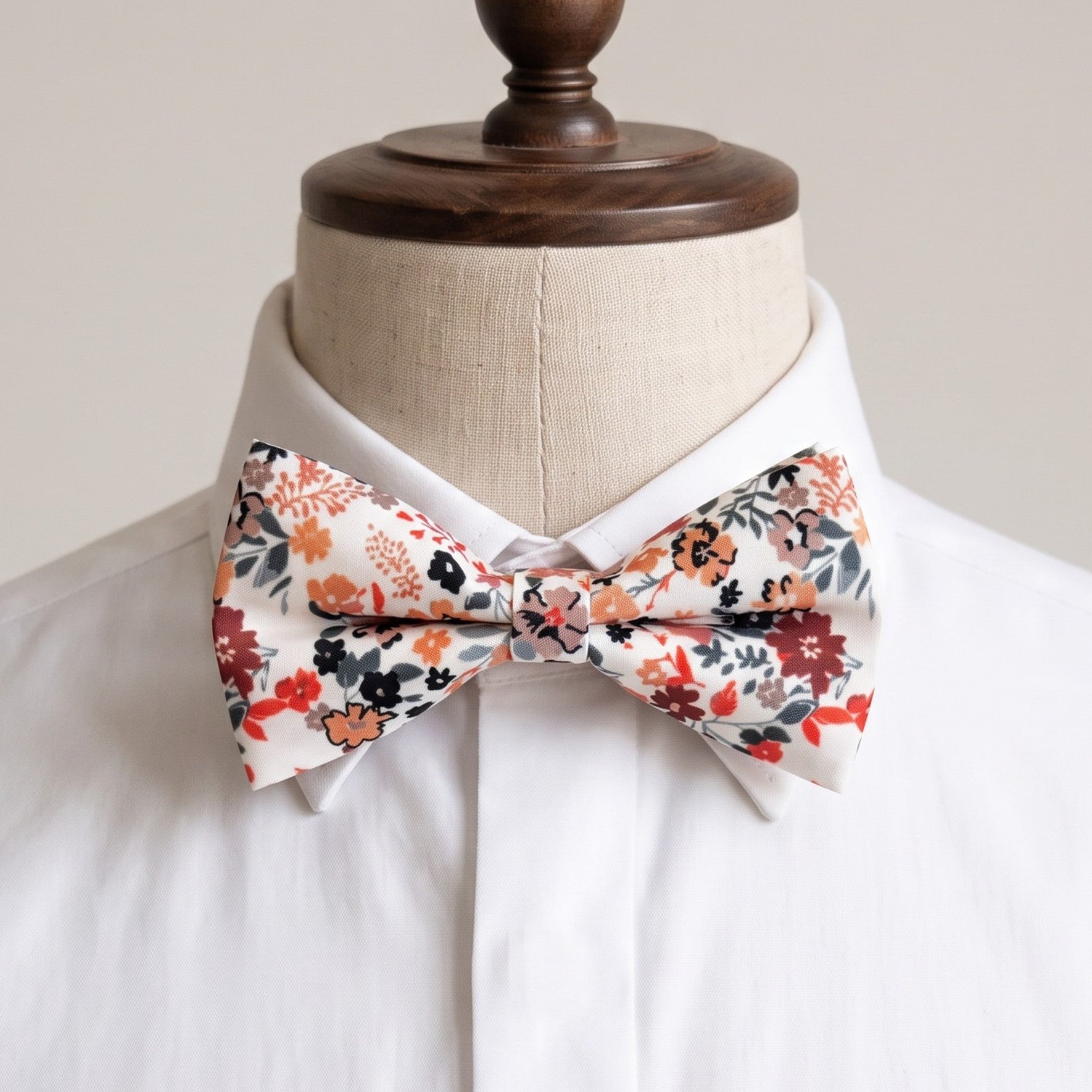 Rust Floral Beige Bow Tie