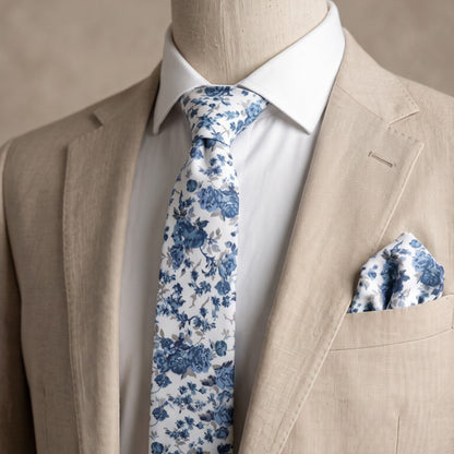 Dusty Blue Floral Necktie & Pocket Square Set – Wedding Tie