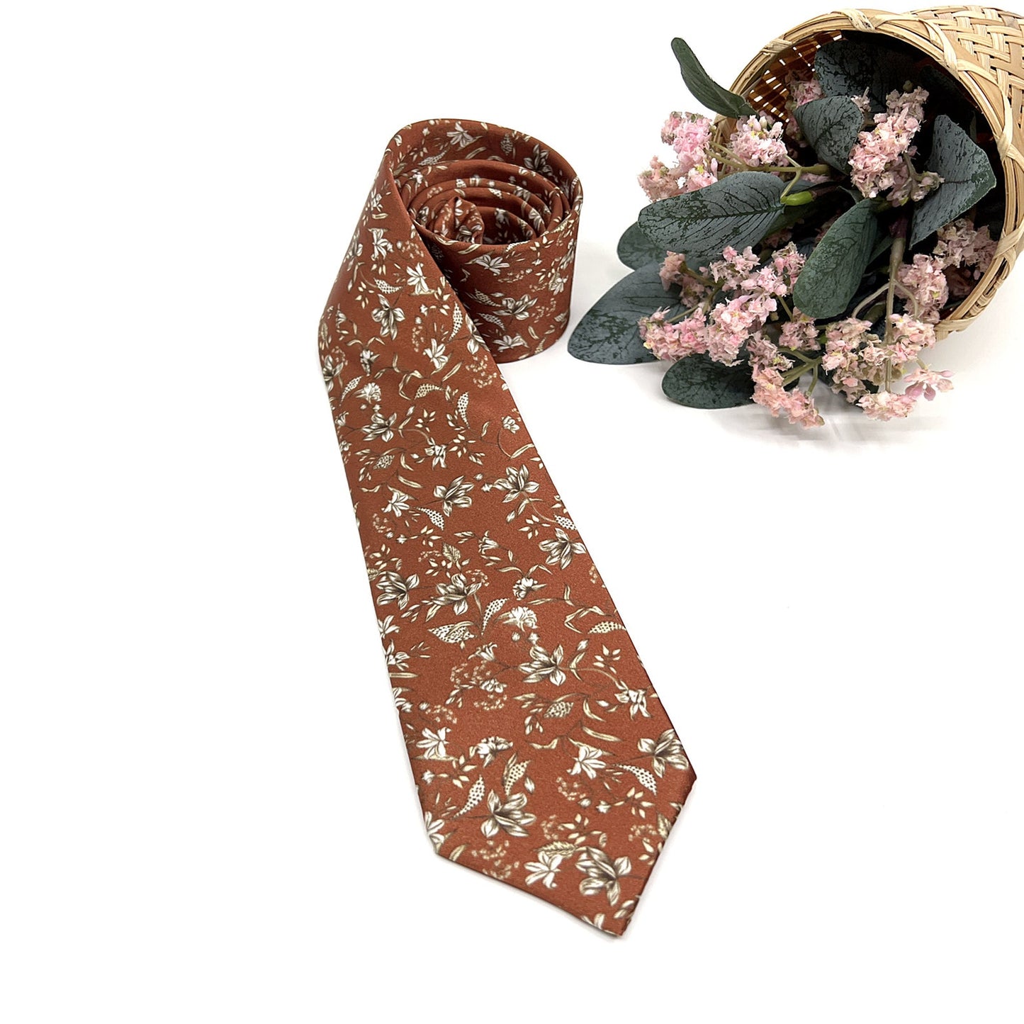 Bronze Rust Necktie, Men Floral Neckties, Wedding Floral Tie