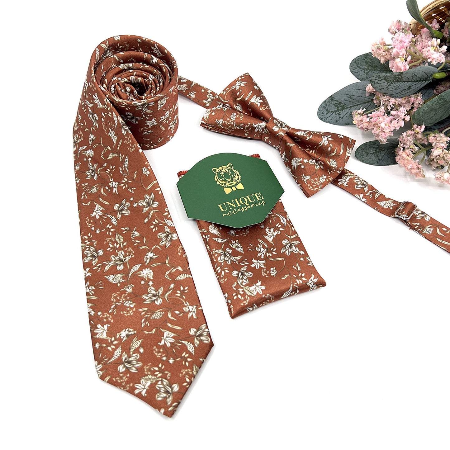 Bronze Rust Necktie, Men Floral Neckties, Wedding Floral Tie