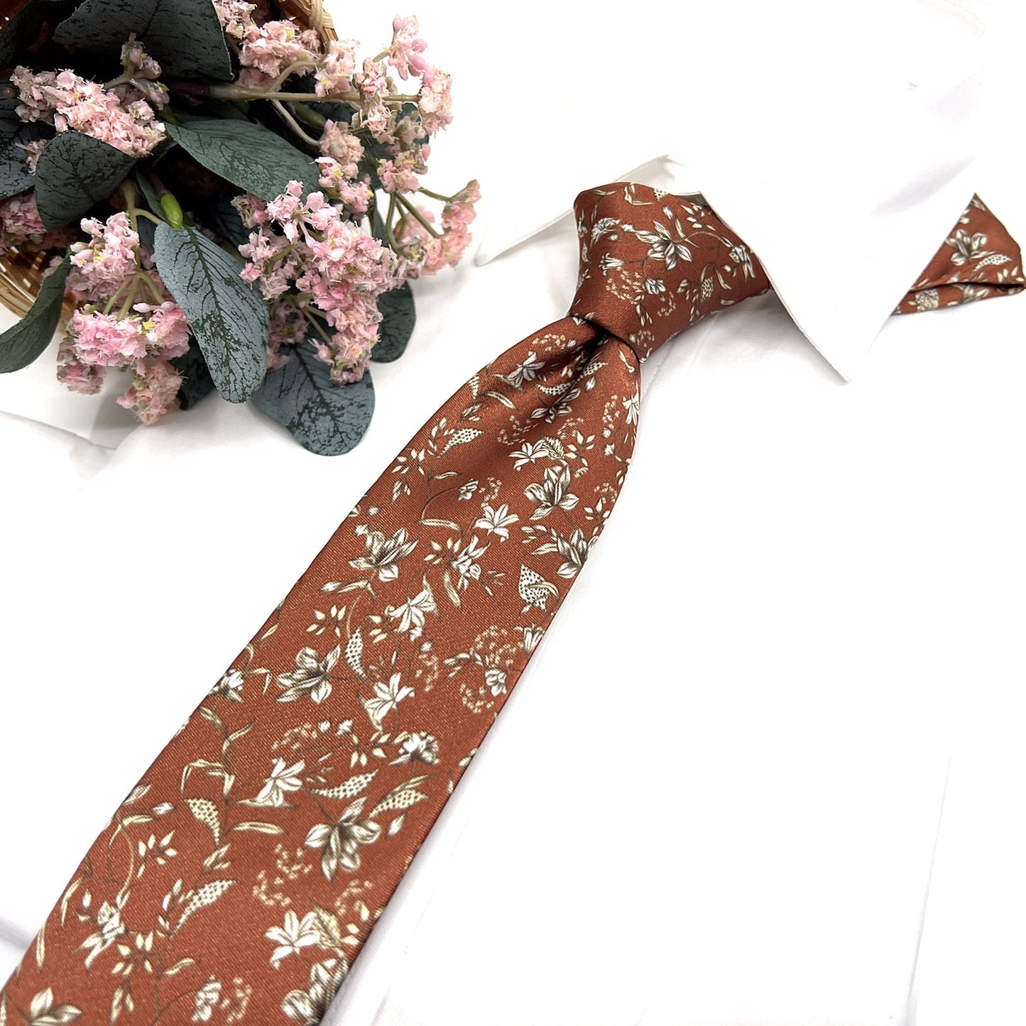 Bronze Rust Necktie, Men Floral Neckties, Wedding Floral Tie