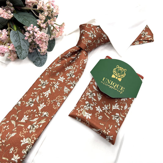 Bronze Rust Necktie, Men Floral Neckties, Wedding Floral Tie