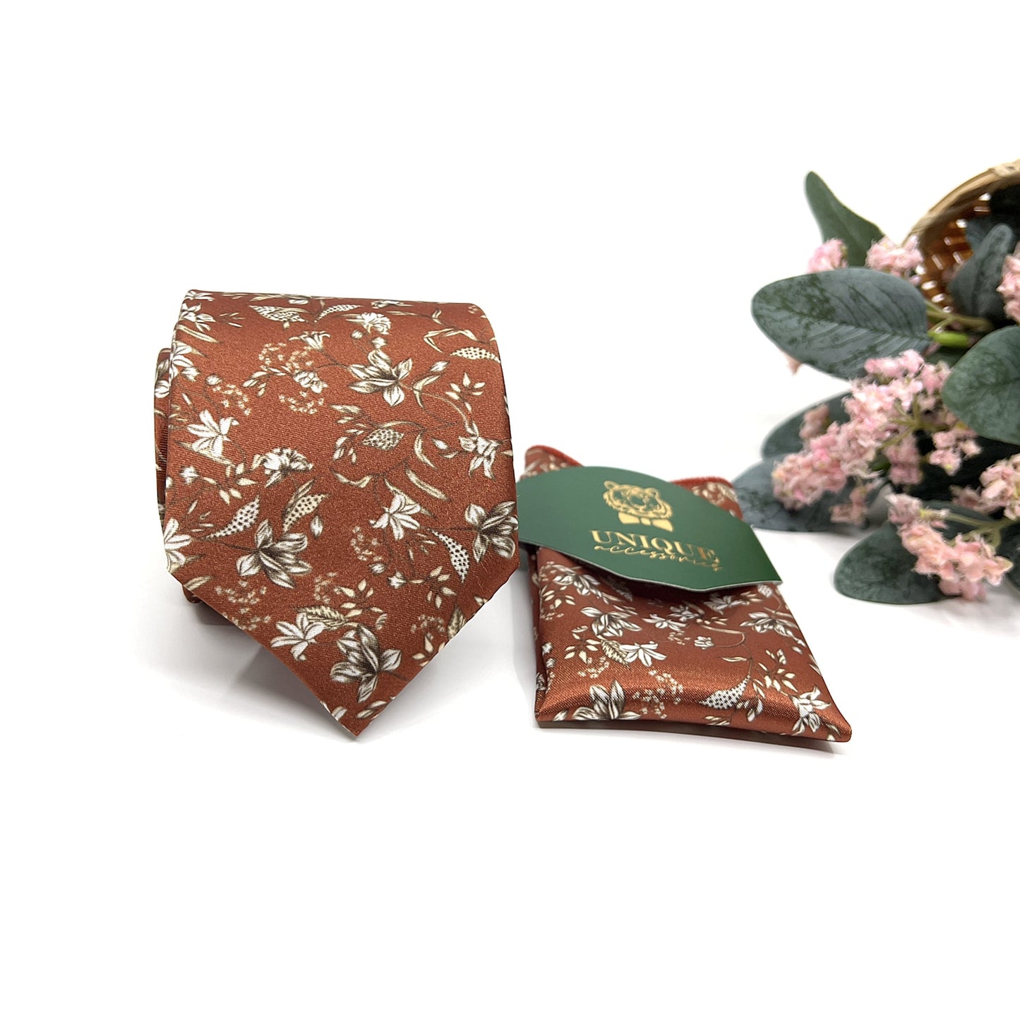 Bronze Rust Necktie, Men Floral Neckties, Wedding Floral Tie