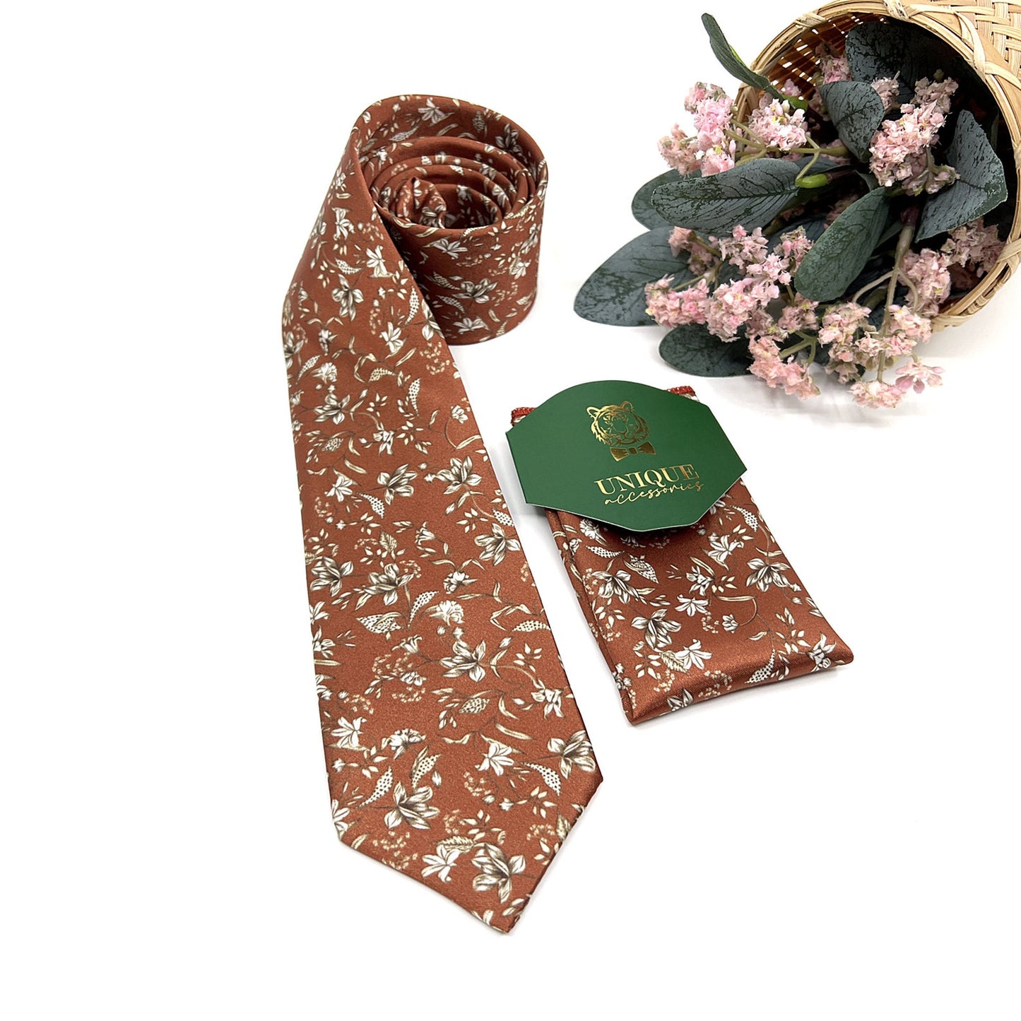 Bronze Rust Necktie, Men Floral Neckties, Wedding Floral Tie