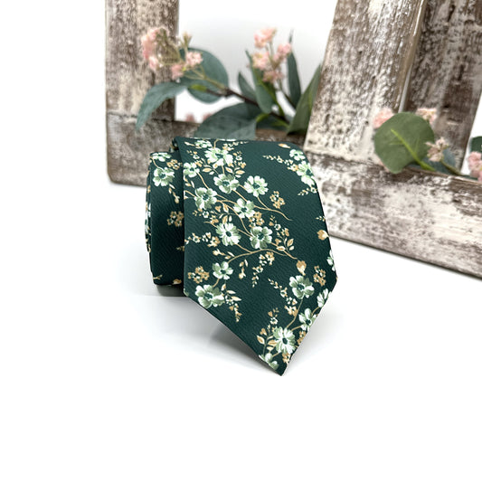 Dark Green Necktie, Floral Necktie, Wedding Floral Tie, Groomsmen Necktie