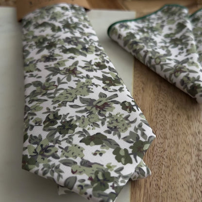 Olive Green Botanical Tie Set – Rustic Floral Necktie & Pocket Square for Wedding