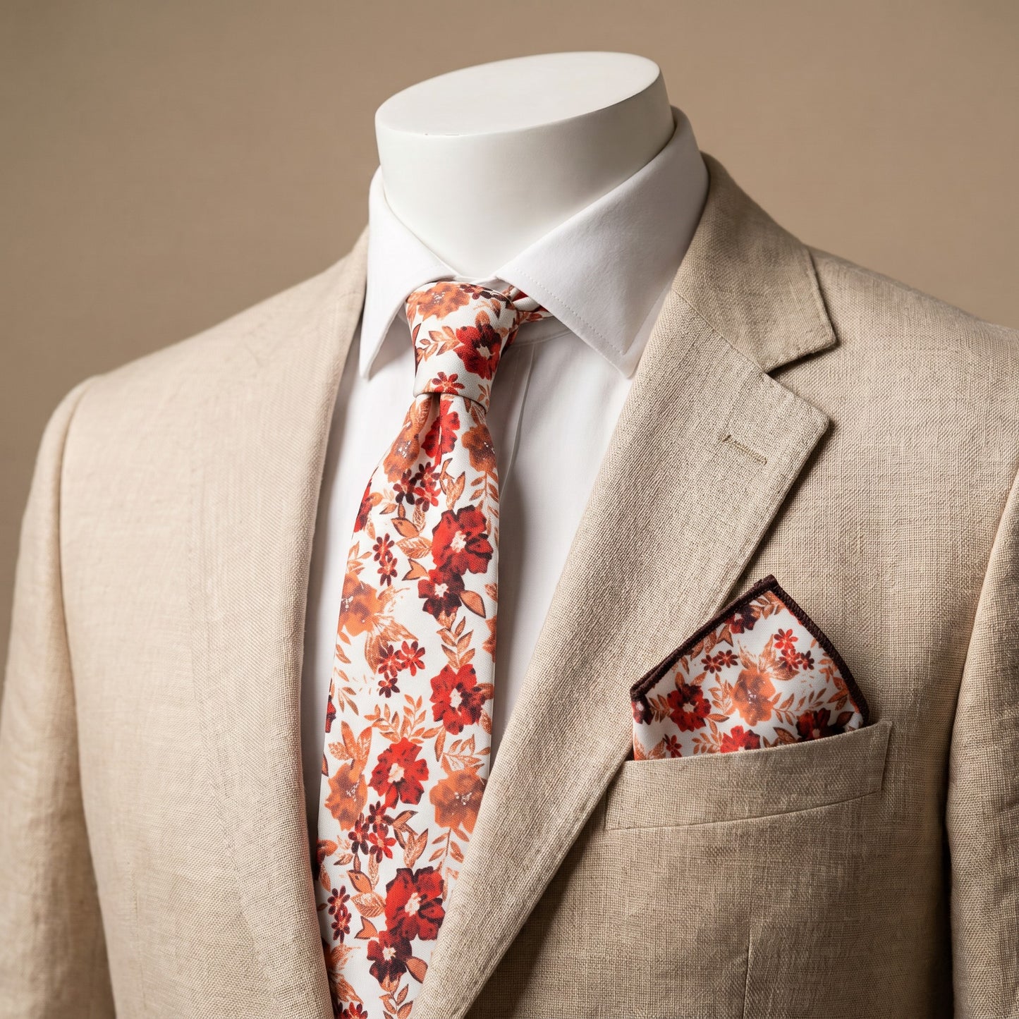 Ivory Burnt Orange Floral Tie – Rust Burgundy Wedding Necktie